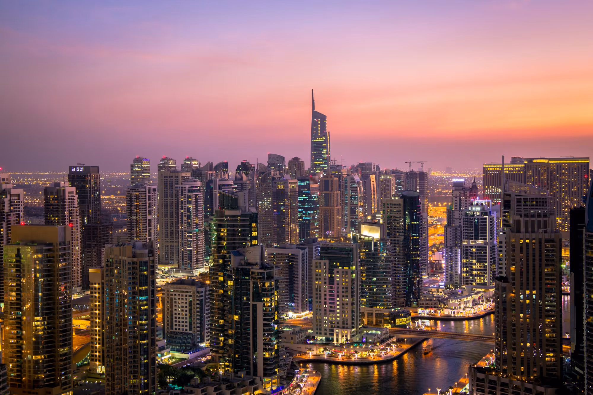 Dubai Marina skyline at dusk